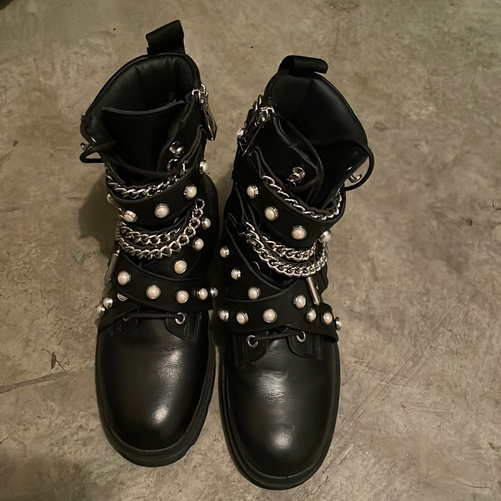 Chunky Combat Boot with Chains and Pearls